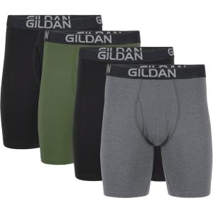 imageGildan Mens Underwear Cotton Stretch Boxer Briefs MultipackBlack SootHeather Dark GreyGreen Midnight 4pack  Long Leg
