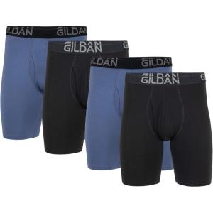 imageGildan Mens Underwear Cotton Stretch Boxer Briefs MultipackBlack SootSlate Blue 4pack  Long Leg