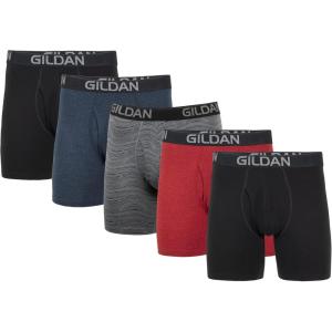 imageGildan Mens Underwear Cotton Stretch Boxer Briefs MultipackBlkHeather NavyStripeHeather Red 5pack  Regular Leg