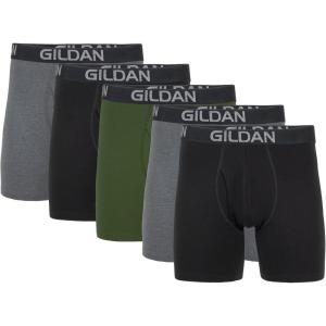imageGildan Mens Underwear Cotton Stretch Boxer Briefs MultipackHeather Dark GreyBlack SootGreen Midnight 5pack  Regular Leg