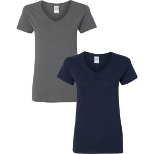 imageGildan Womens Heavy Cotton VNeck TShirt 2Pack1 Charcoal  1 Navy