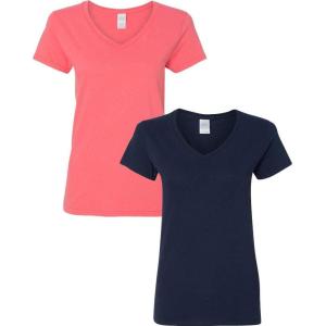 imageGildan Womens Heavy Cotton VNeck TShirt 2Pack1 Coral Silk  1 Navy