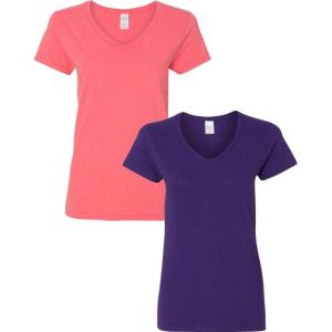 imageGildan Womens Heavy Cotton VNeck TShirt 2Pack1 Coral Silk  1 Purple