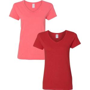 imageGildan Womens Heavy Cotton VNeck TShirt 2Pack1 Coral Silk  1 Red