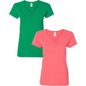 imageGildan Womens Heavy Cotton VNeck TShirt 2Pack1 Irish Green  1 Coral Silk