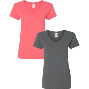 imageGildan Womens Heavy Cotton VNeck TShirt 2PackCoral SilkCharcoal
