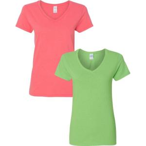 imageGildan Womens Heavy Cotton VNeck TShirt 2PackCoral SilkLime