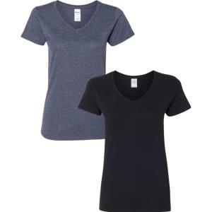 imageGildan Womens Heavy Cotton VNeck TShirt 2PackHeather NavyBlack
