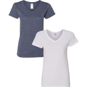 imageGildan Womens Heavy Cotton VNeck TShirt 2PackHeather NavyWhite