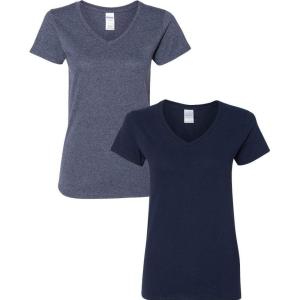 imageGildan Womens Heavy Cotton VNeck TShirt 2PackHeathernavyNavy