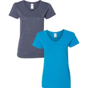 imageGildan Womens Heavy Cotton VNeck TShirt 2PackHeathernavySapphire
