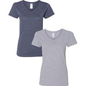 imageGildan Womens Heavy Cotton VNeck TShirt 2PackHeathernavySportgray