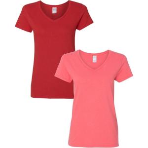 imageGildan Womens Heavy Cotton VNeck TShirt 2PackRedCoral Silk