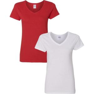 imageGildan Womens Heavy Cotton VNeck TShirt 2PackRedWhite
