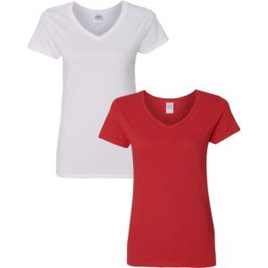imageGildan Womens Heavy Cotton VNeck TShirt 2PackWhiteRed
